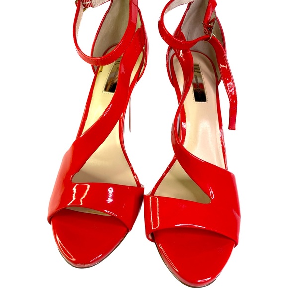 INC Suzi Tangerine Red Patent Leather High Heel Cross Strap Shoes - Picture 2 of 8
